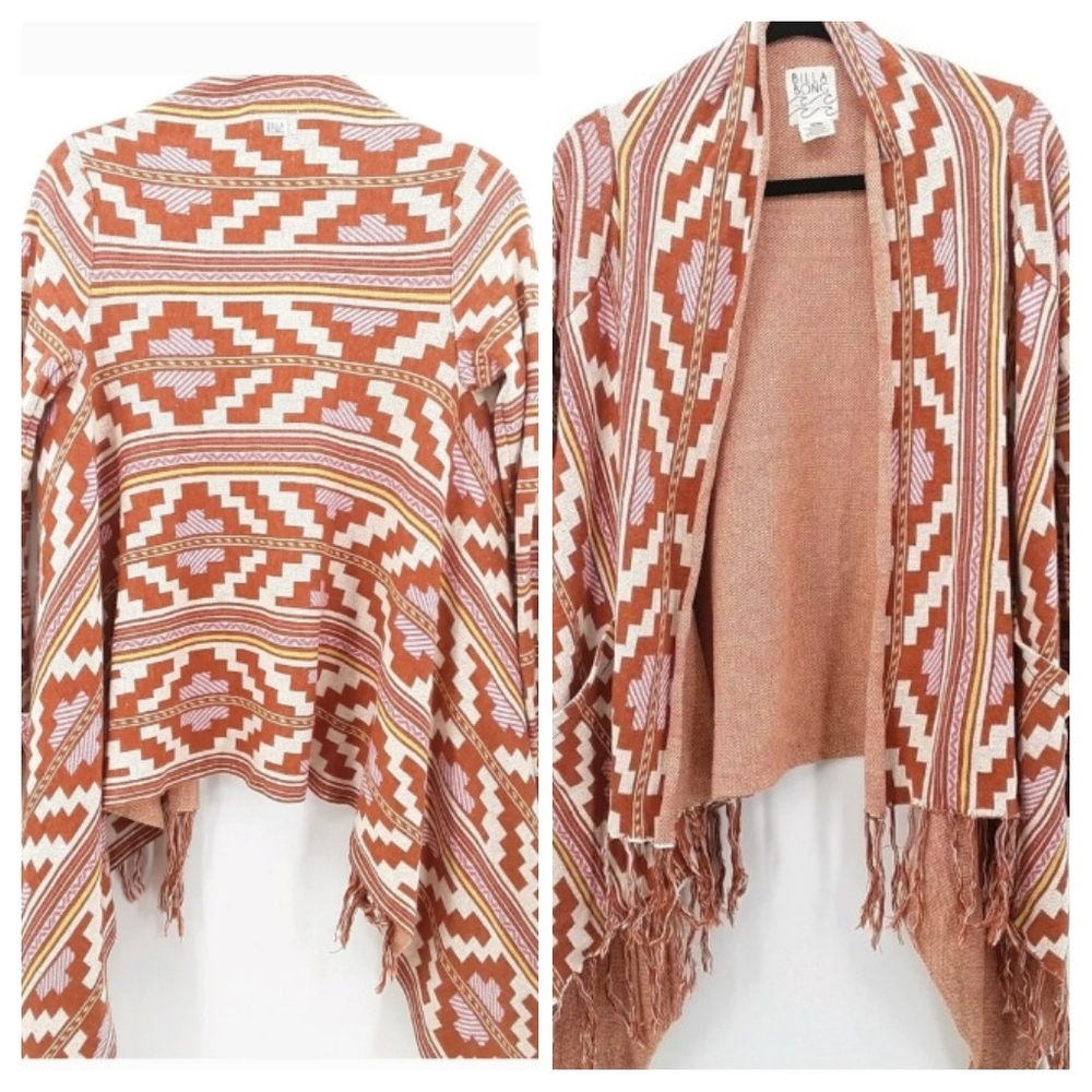Billabong Open Front Aztec Print Fringe Cardigan